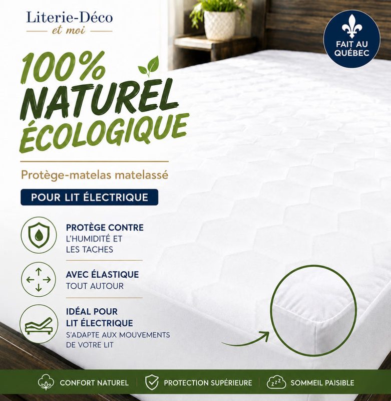 ( Fait au Québec )-Pour lit électrique- Protège-matelas matelassé 100% naturel écologique ( avec élastique tout autour)