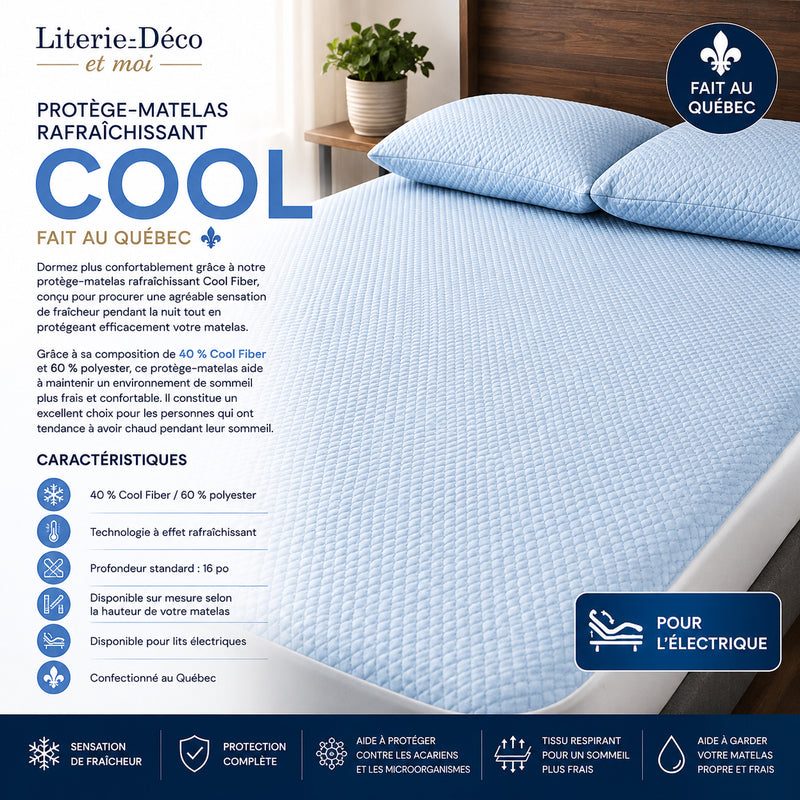 ( Fait au Québec )-Pour lit électrique- Protège-matelas imperméable COOL  (coté extensible et  avec élastique tout autour)