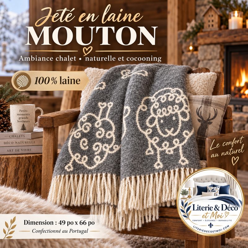 Jeté en laine gris MOUTON ( 100% laine )