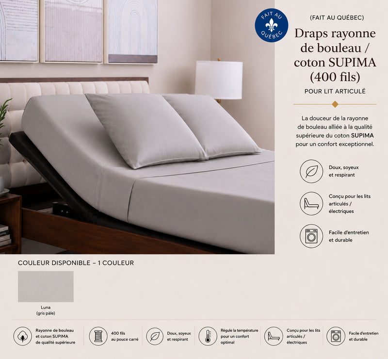 ( FAIT AU QUEBEC ) -Draps rayonne de bouleau / coton SUPIMA ( 400 fils )POUR LIT ARTICULÉ / ÉLECTRIQUE -JUMEAU XL, QUEEN ou KING