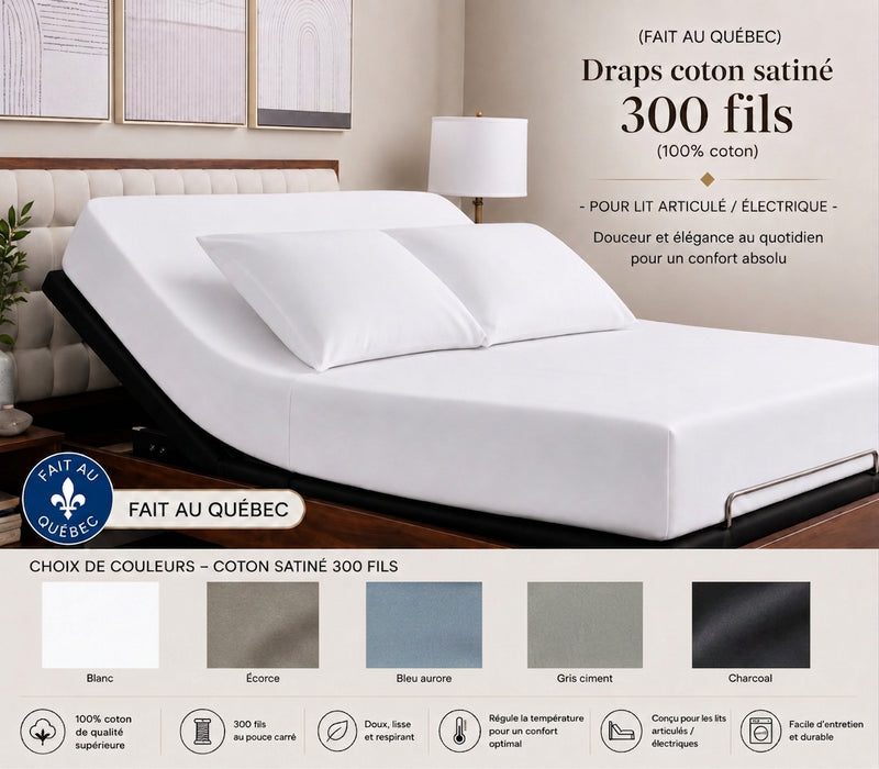 FAIT AU QUEBEC )- Draps coton satiné , 300 fils ( 100% coton )Pour lit articulé / électrique- JUMEAU XL, QUEEN ou KING