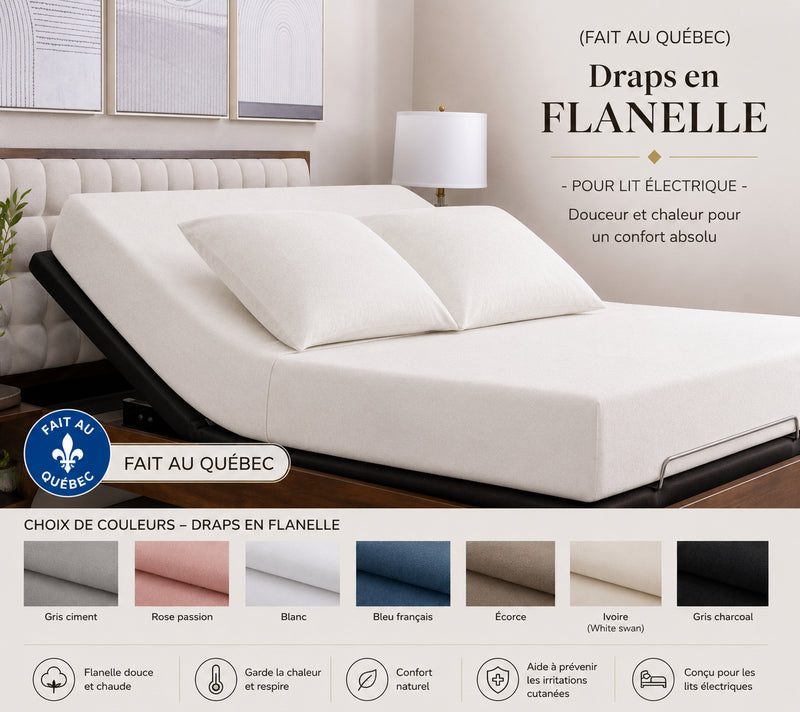 (FAIT AU QUÉBEC)- Draps en FLANELLE -Pour lit électrique- JUMEAU XL , QUEEN OU KING