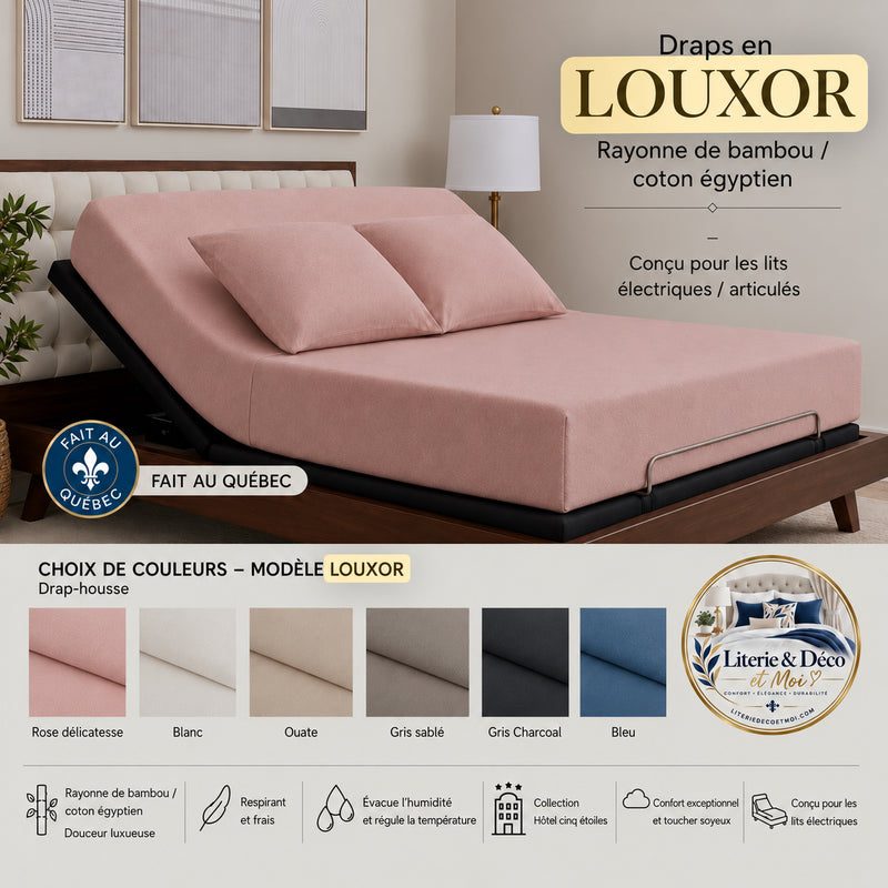 (FAIT AU QUÉBEC) Drap-housse LOUXOR (rayonne de bambou / coton égyptien (330fils) Pour lit électrique JUMEAU XL, QUEEN ou KING(6 teintes disponibles)
